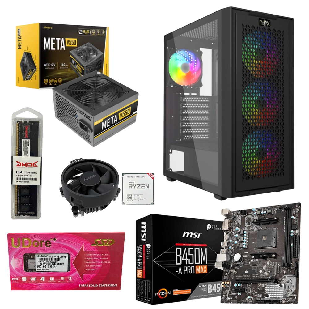 Unite Gamer AMD RZN(5) 5650G/CM MSI B450-A PRO MAX/DDR4 16G 3200Mhz/NVME256GB /PSU 550W/CASE NOX NEXUS FULL BLACK plus 4Pcs Fan RGB