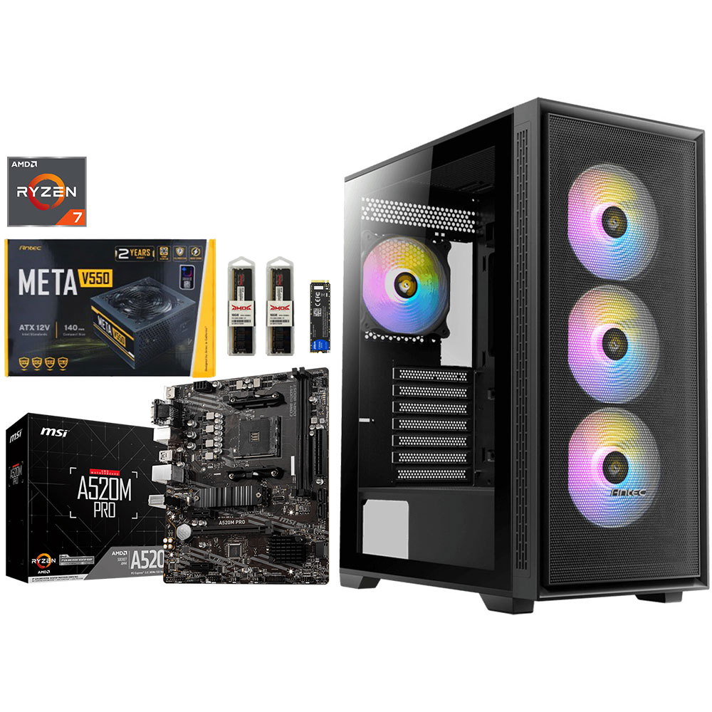 Unite Gamer AMD RYZEN 7 5700GT/CM MSI A520M-A PRO/DDR4 8GX2 16G 3200Mhz/SSD DAHUA 256GB /PSU Antec 550W/CASE Antec AX81 Elite RGB plus 4Pcs Fan 12cm RGB