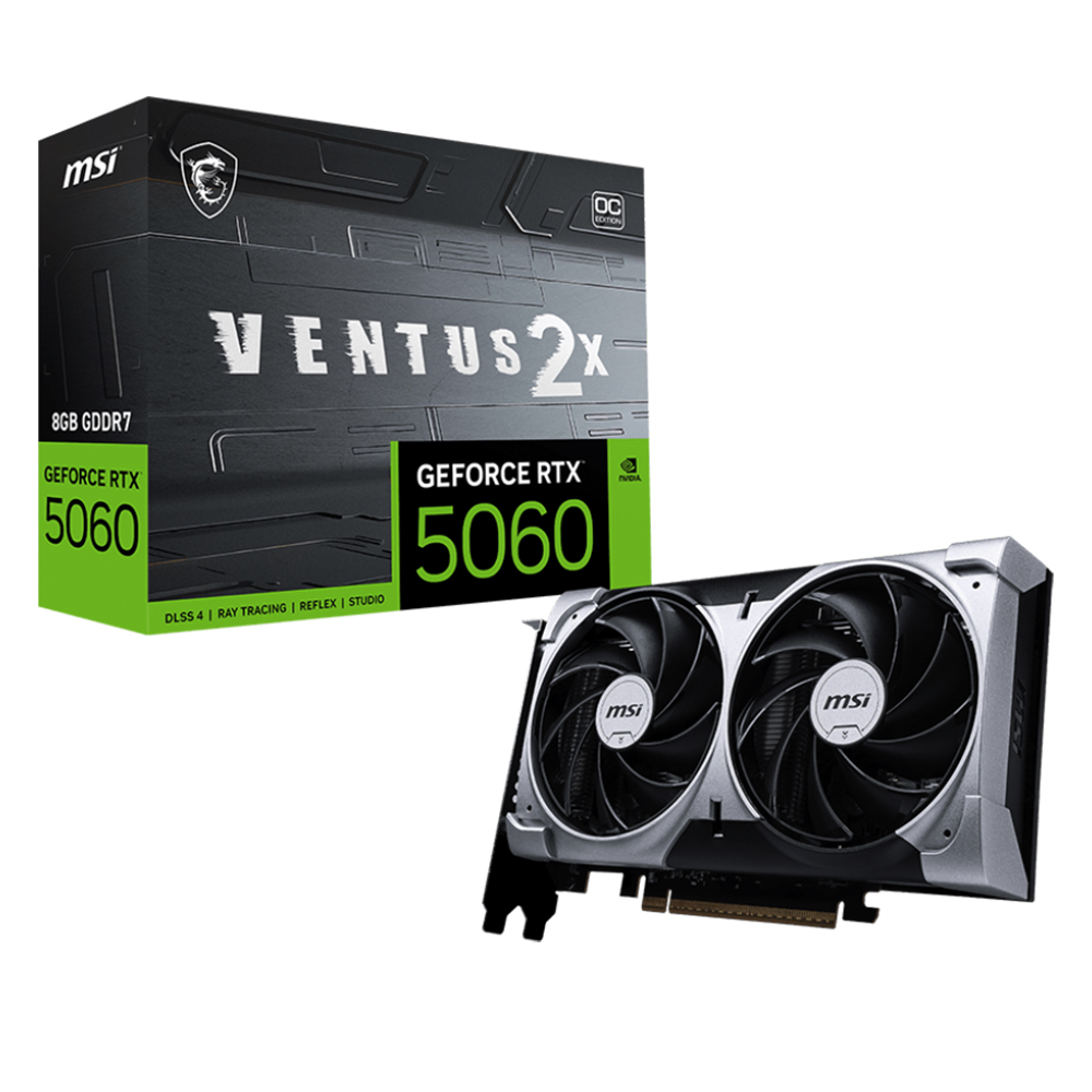 CARTE GRAPHIQUE GeForce RTX™ 5060 8 Go GDDR7 VENTUS 2X OC 3 x DisplayPort (v2.1b) 1 x HDMI™ (caractéristiques du HDMI™ 2.1b : jusqu'à 4K 480 Hz ou 8K 120 Hz avec DSC, Gaming VRR, HDR) Black