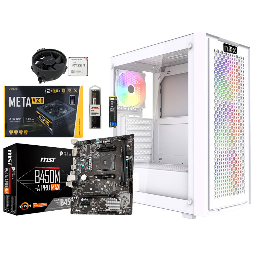 Unite Gamer AMD RZN5 5650G/CM B450M-HDV/DDR4 16G 3200Mhz/SSD 256 GB /PSU 550/Boitier Gamer NOX NEXUS full White plus 4Pcs Fans RGB