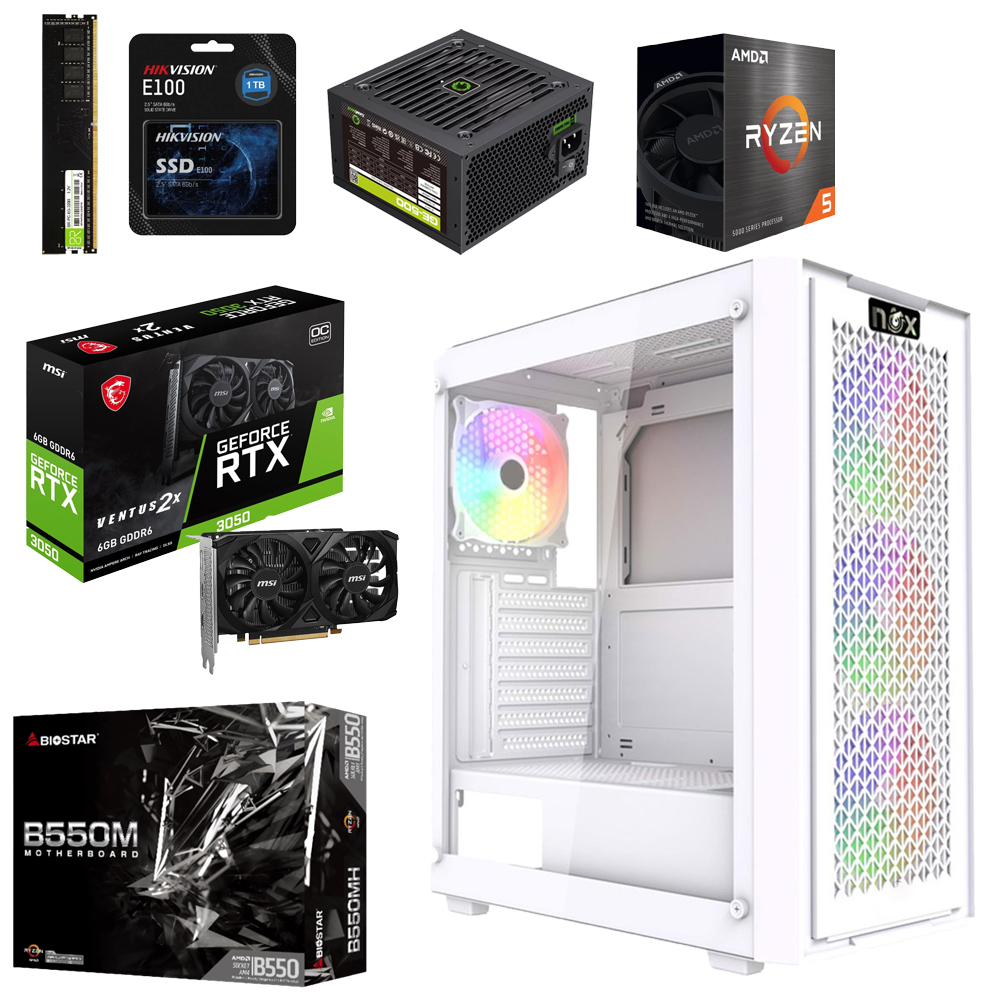 Unite Gamer AMD RZN5 5600X/CM B550M/DDR4 16G 3200Mhz/NVME 256GB /PSU 550W/GPU MSI RTX3050/CASE NOX NEXUS full White plus 4Pcs Fans RGB