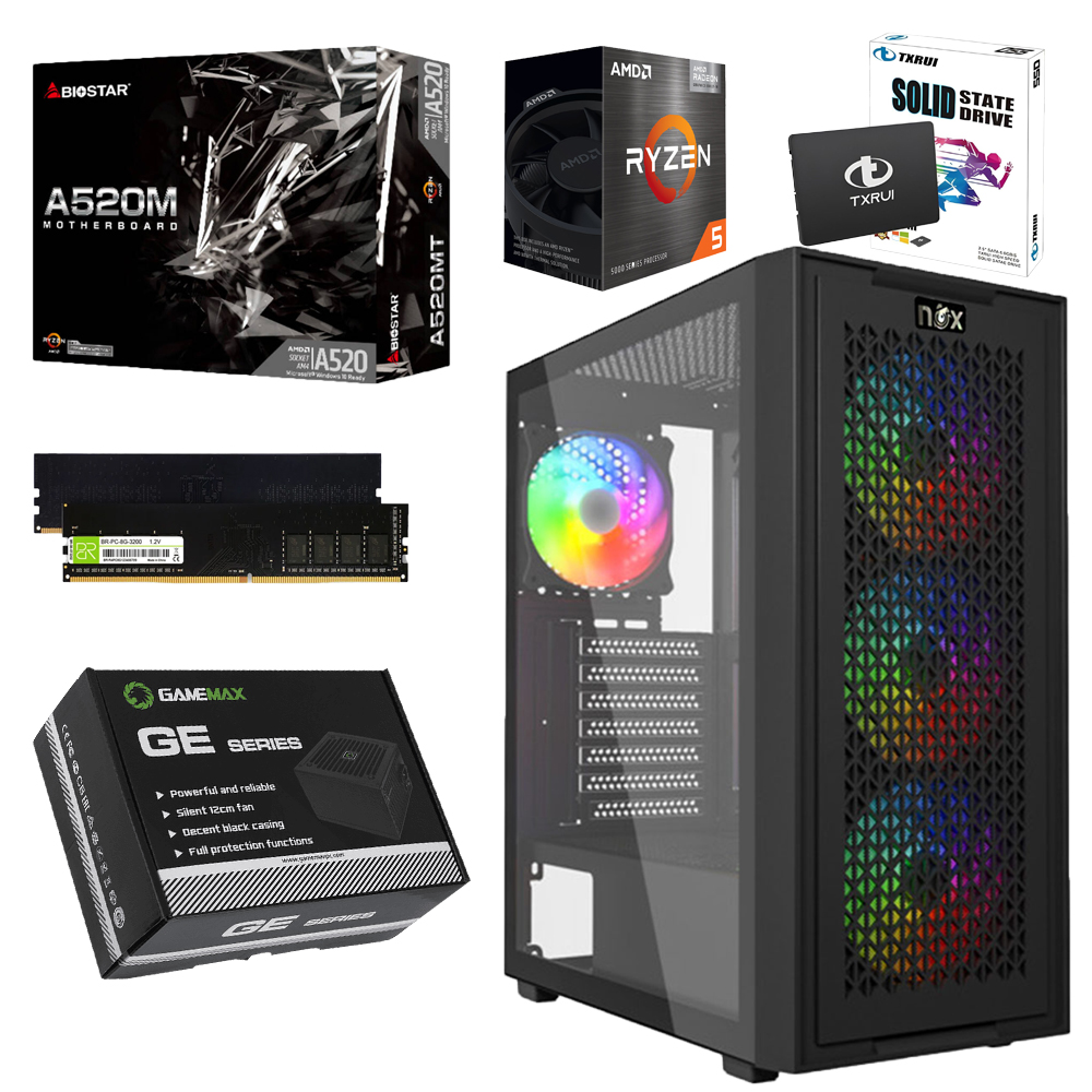 Unite Gamer AMD RZN(5) 5650G/CM A520 /DDR4 8G 3200Mhz/SSD 256GB /PSU 550W/CASE NOX NEXUS FULL BLACK plus 4Pcs Fan RGB