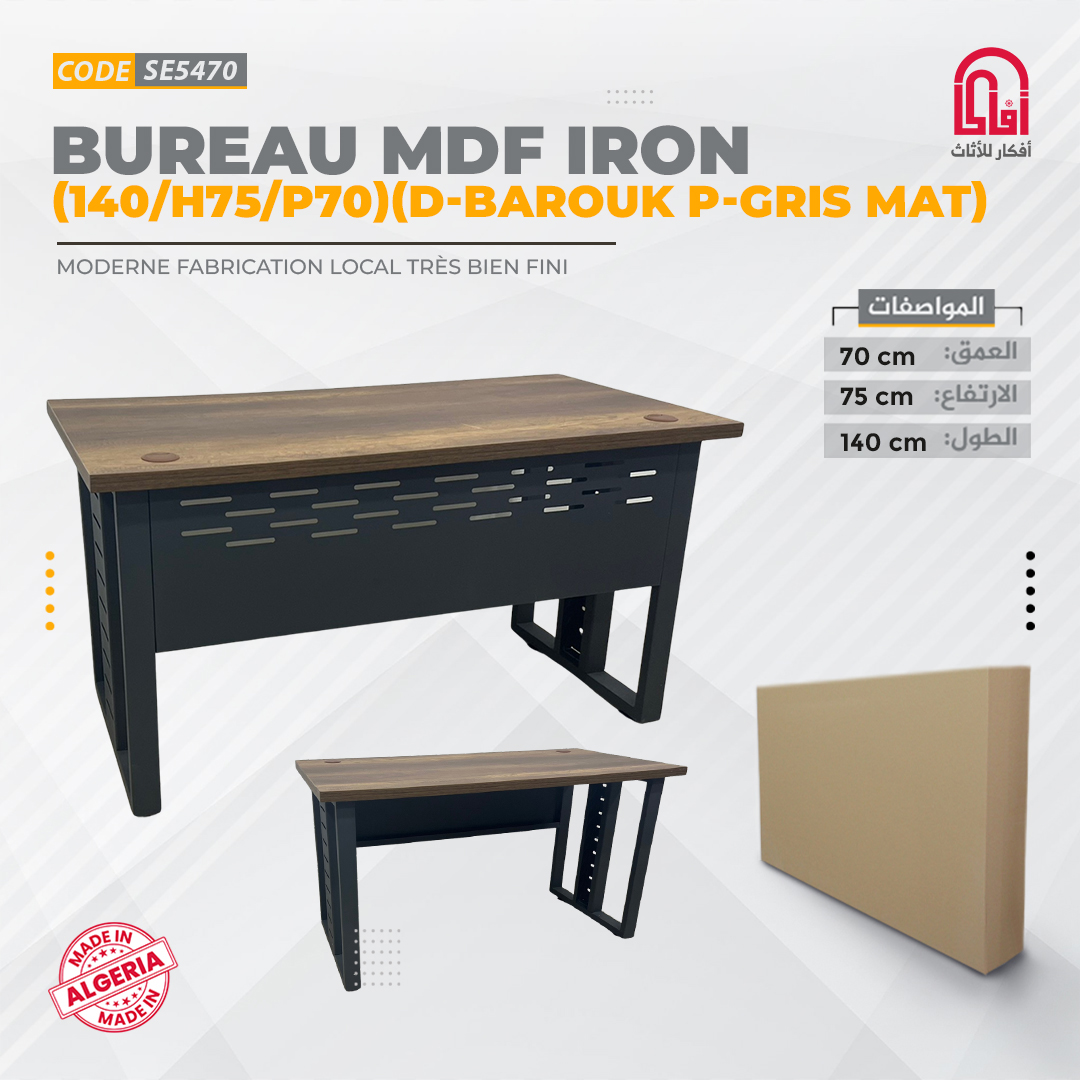 Bureau MDF IRON (L140-H75-P70cm) (D-Barouk P-Gris Mat)