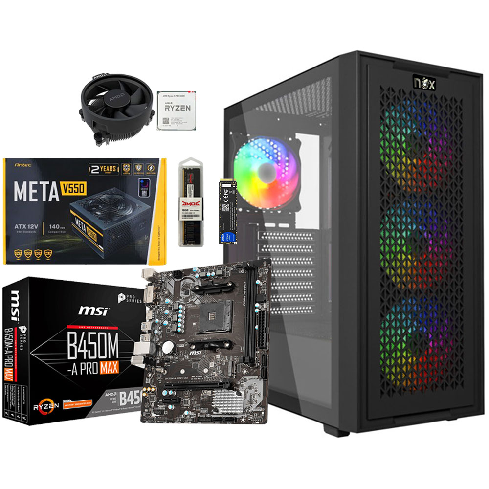 Unite Gamer AMD RYZEN 5 5600GT/CM B450 A-PRO MAX/DDR4 8G 3200Mhz/SSD 256GB /PSU 550W/CASE Gamer NOX NEXUS full Black plus 4Pcs Fans RGB
