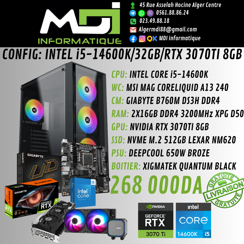 CONFIG GAMING : INTEL i5-14600K/32GB/RTX 3070TI 8GB