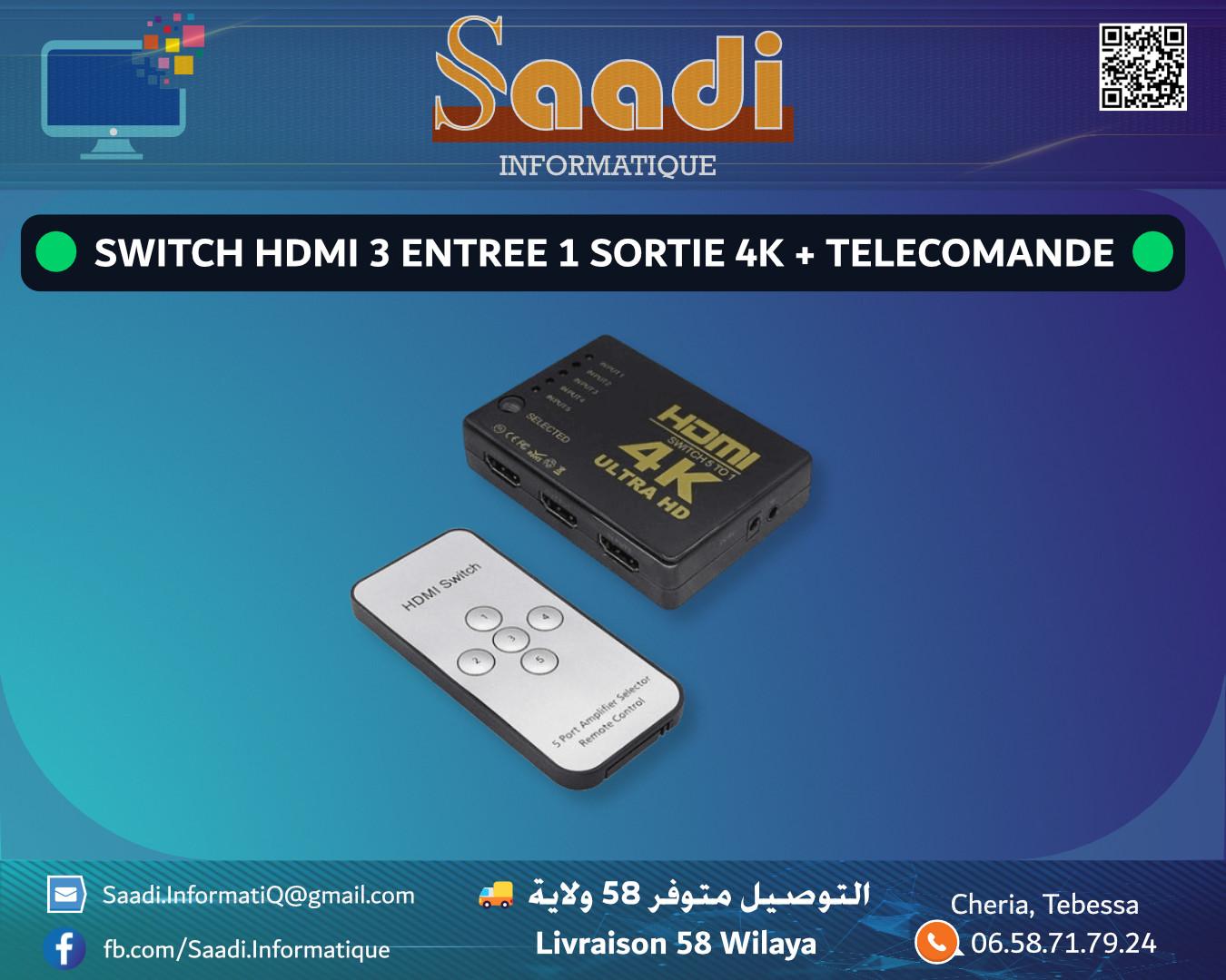 SWITCH HDMI 3 ENTREE 1 SORTIE 4K + TELECOMANDE