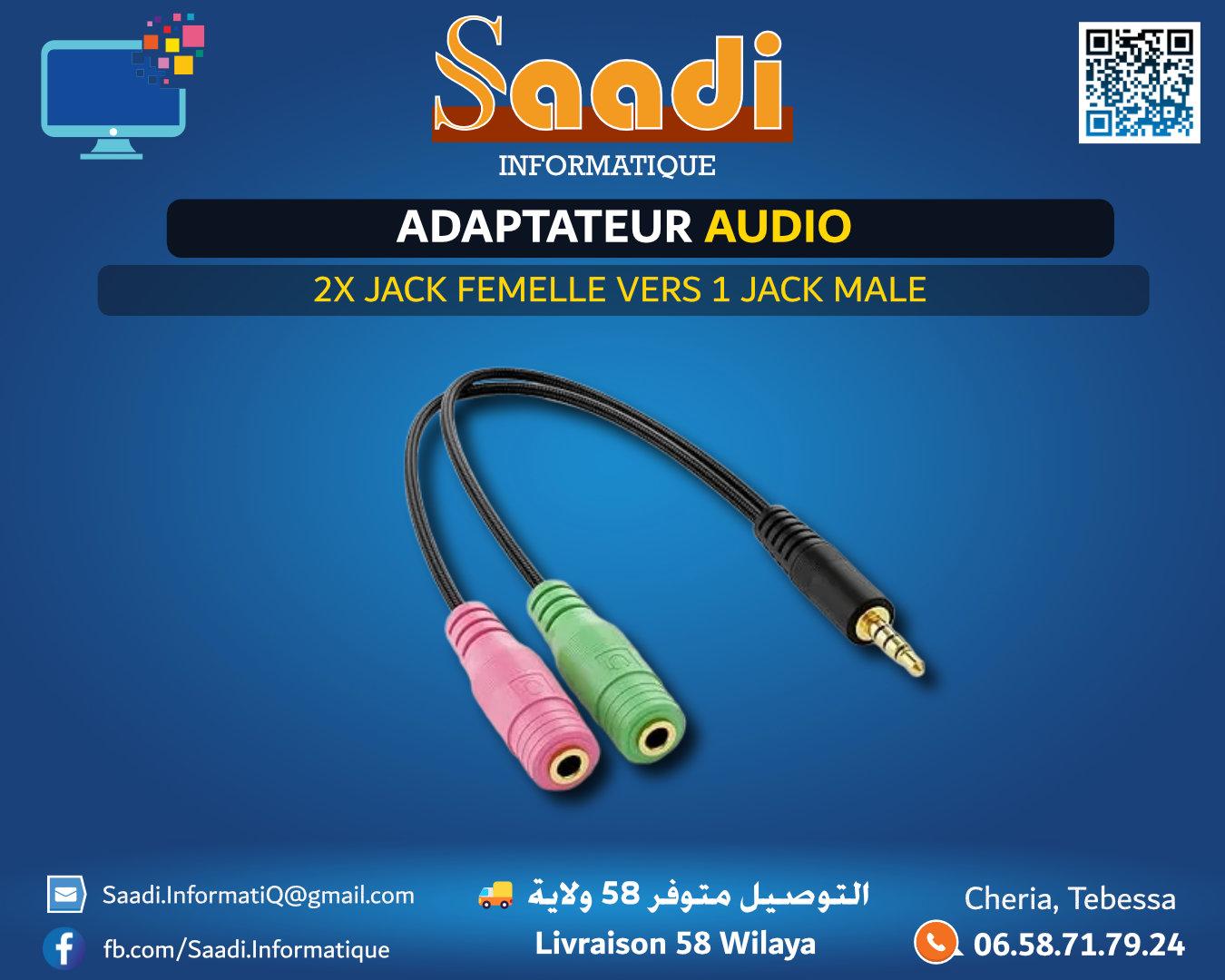 ADAPTATEUR AUDIO 2X JACK FEMELLE VERS 1 JACK MALE