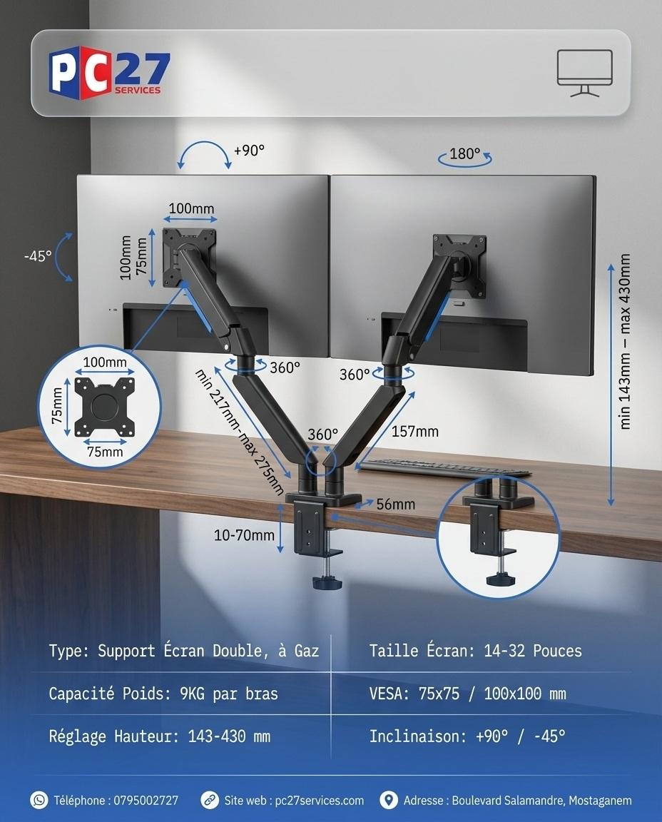 SUPPORT ECRAN 02 BRAS, A GAZ :14"-32",9KG  REF CT-LCD-DSA2902