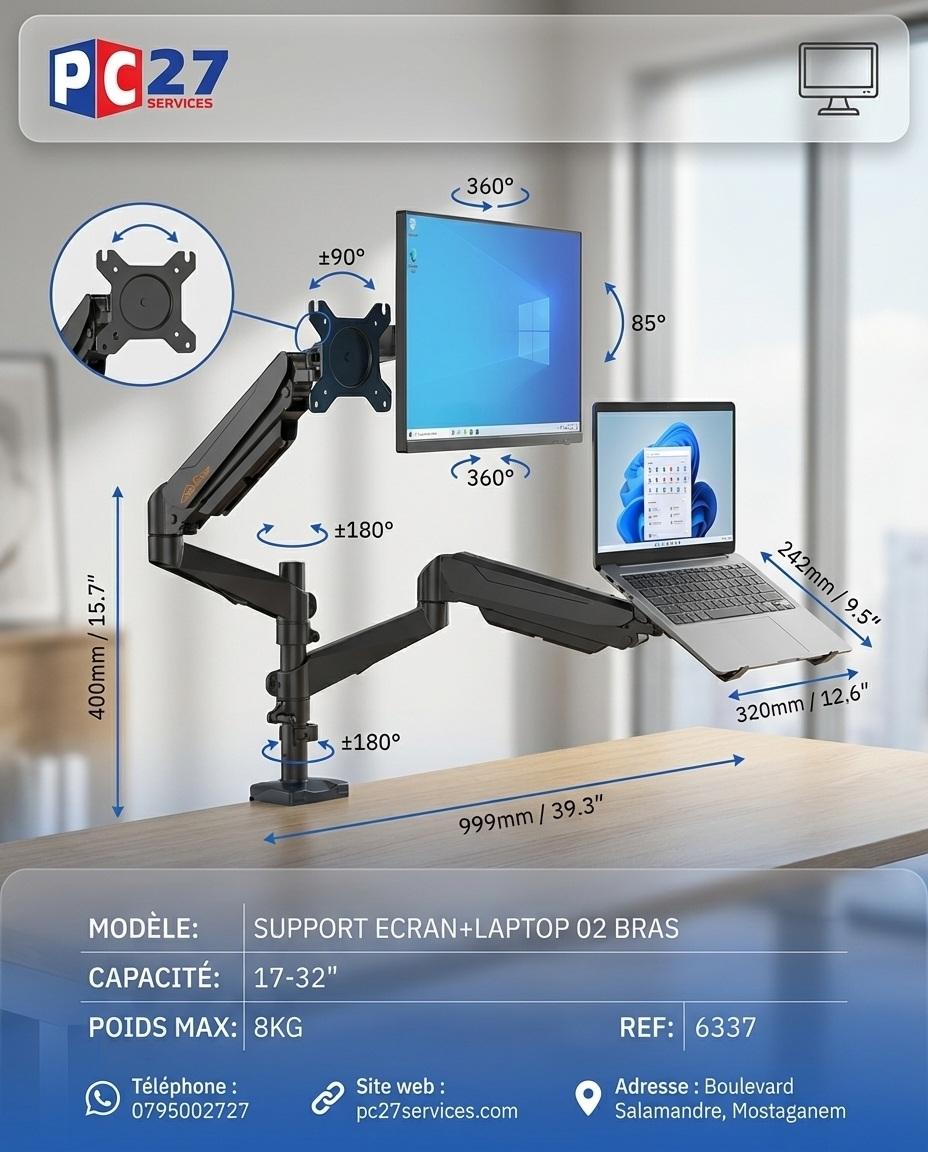 SUPPORT ECRAN+LAPTOP 02 BRAS:17"-32",8KG REF: CT-LCD-DSA1002LT