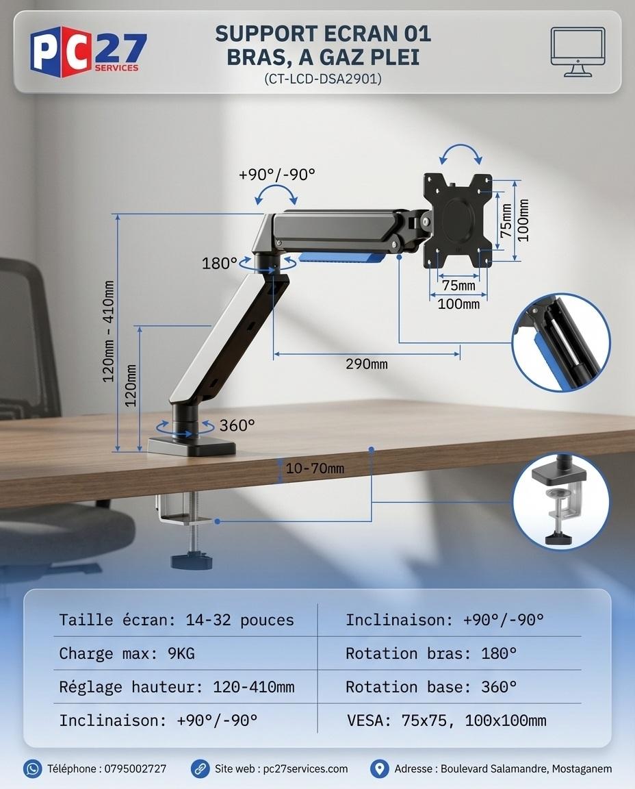 SUPPORT ECRAN 01 BRAS, A GAZ PLEI SIZE :14"-32" ,9KG