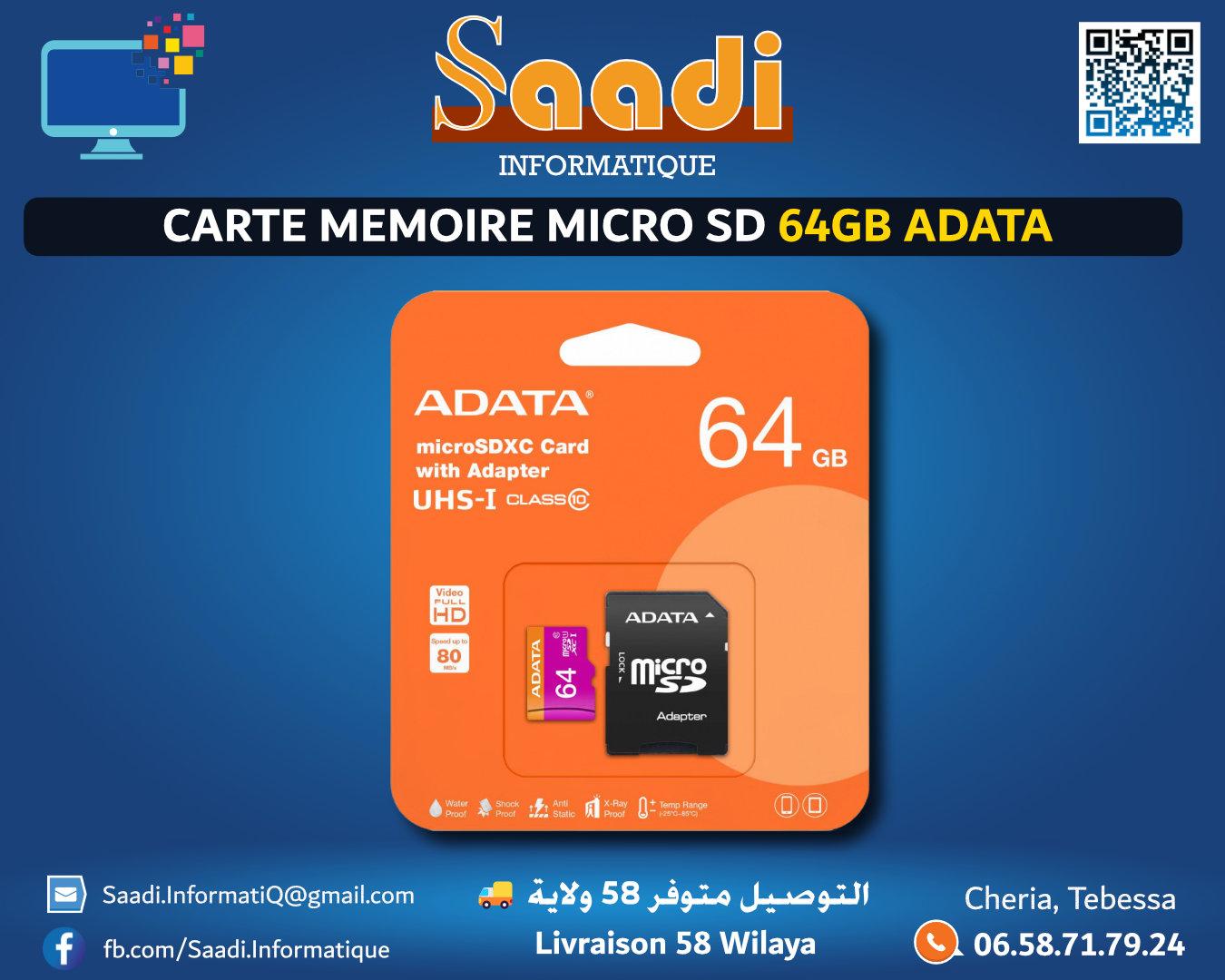 CARTE MEMOIRE MICRO SD 64GB ADATA