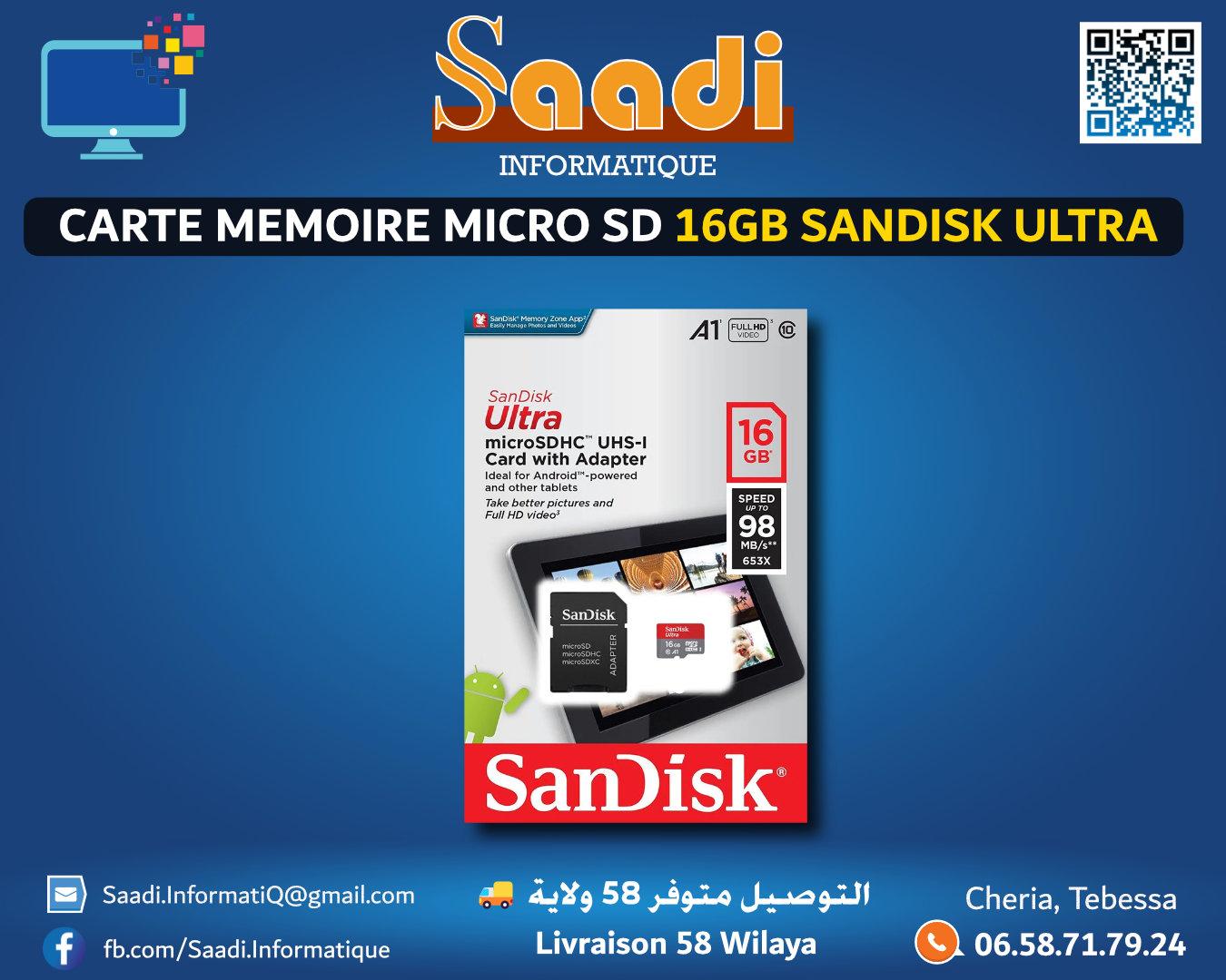 CARTE MEMOIRE MICRO SD 16GB SANDISK ULTRA
