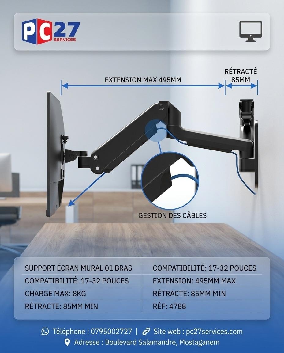 SUPPORT ECRAN MURAL 01 BRAS:17"-32",8KG REF: CT-LCD-A601