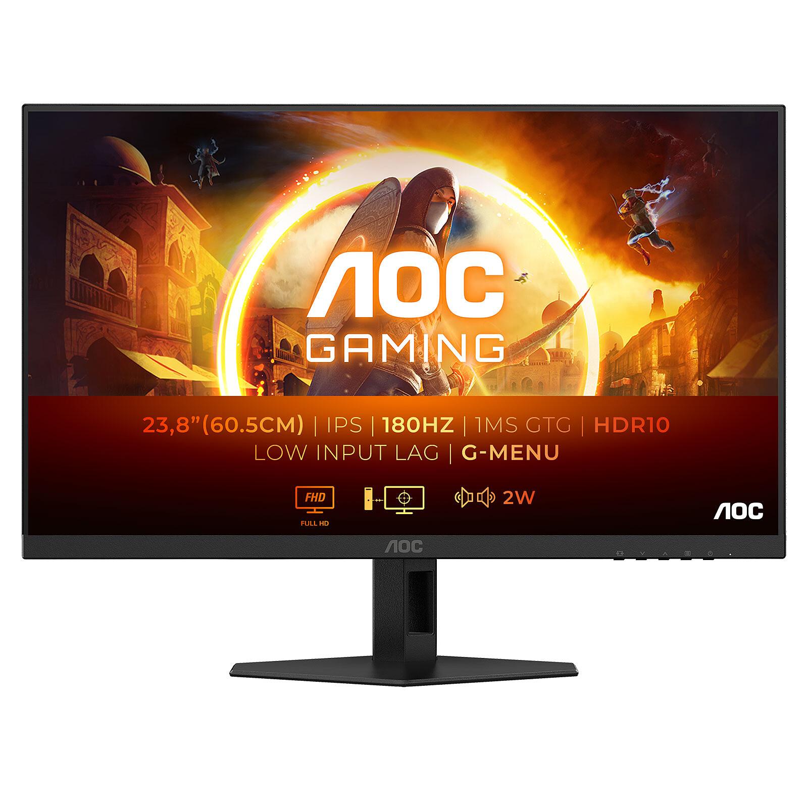 Ecran AOC 23.8" 24G4 Full HD 1080p - 1920 x 1080 pixels - 1 ms (gris à gris) - 16/9 - Dalle IPS - 180 Hz - HDR10 - Adaptive Sync / G-SYNC Compatible - DisplayPort/HDMI - Pivot - Noir