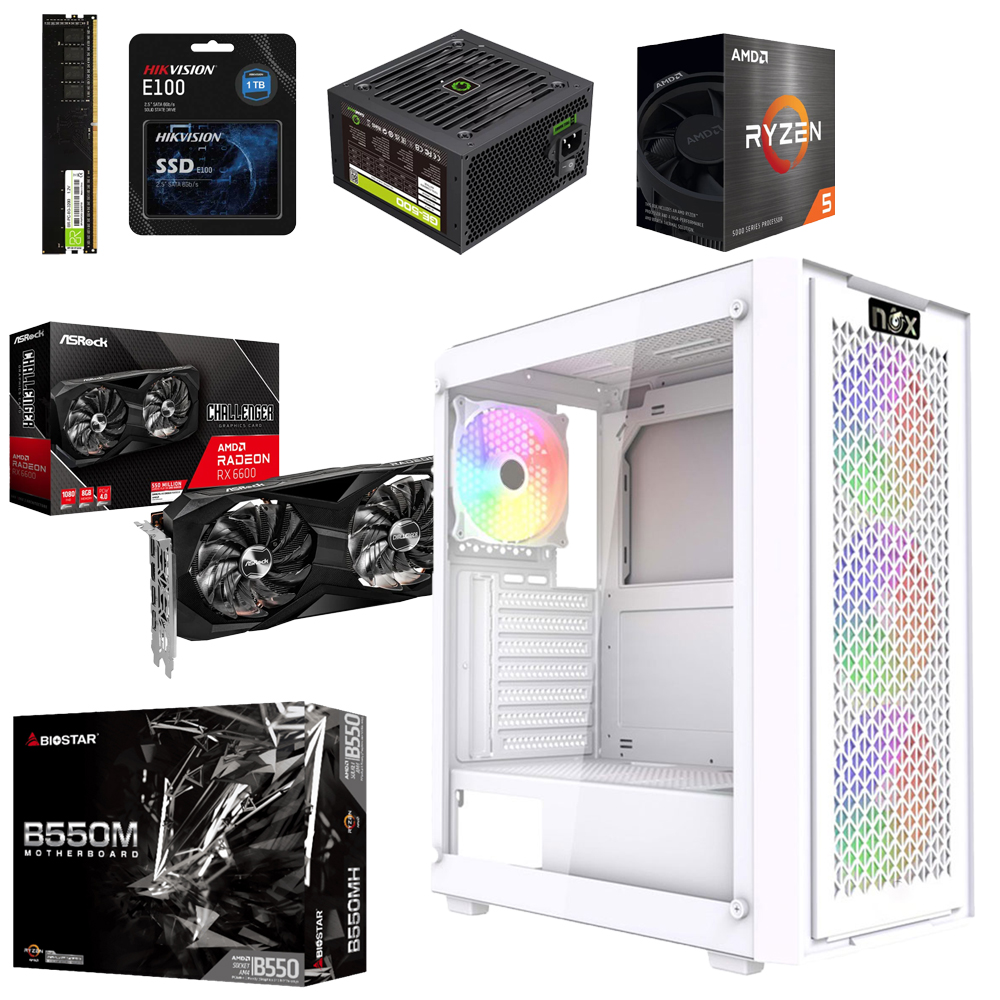 Unite Gamer AMD RZN5 5600X/CM B450M/DDR4 16G 3200Mhz/SSD 1 TB /PSU 500W/Carte Graphique ASROCK RADEON RX6600 CHALLENGER 8G NOIR/CASE NOX NEXUS full White plus 4Pcs Fans RGB