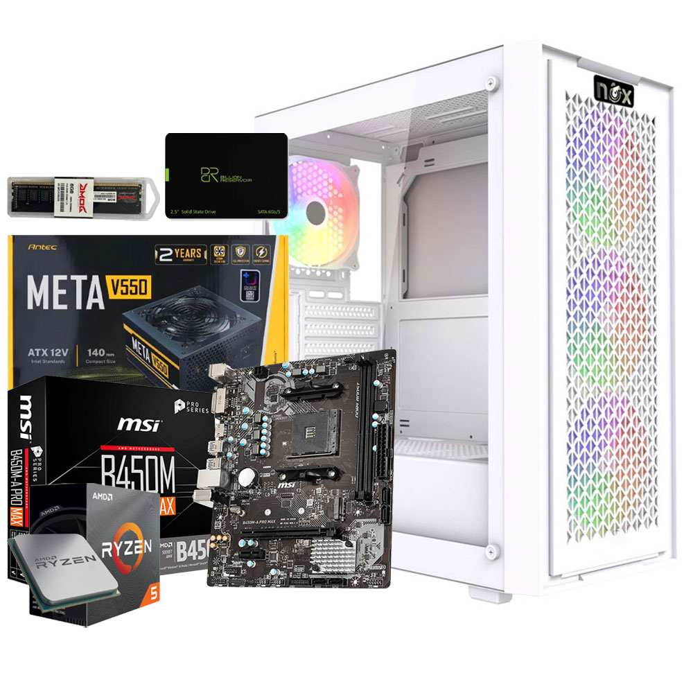 Unite Gamer AMD RZN5 3400G/CM B450M/DDR4 8G 3200Mhz/SSD 256GB /PSU 550W/CASE NOX NEXUS full White plus 4Pcs Fans RGB