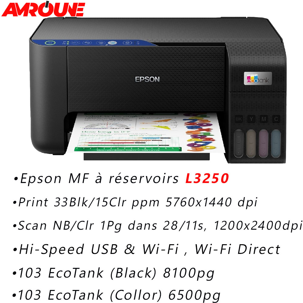 IMPRIMANTE Multifonction Jet d'encre EPSON EcoTank L3250 Couleur, A4, 33ppm/15ppm, USB, Wifi, NOIR