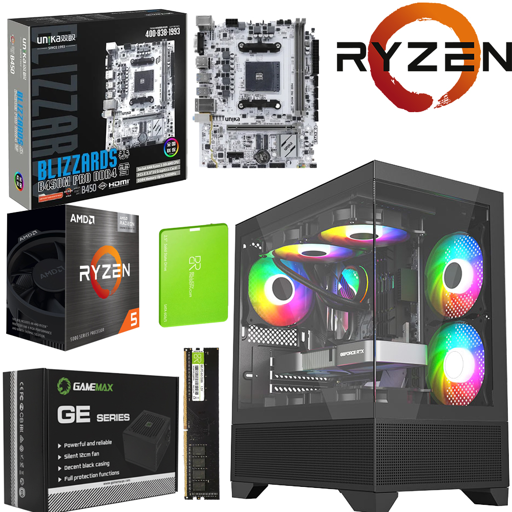 Unite Gamer AMD RZN5 5650G/CM B450M-HDV/DDR4 8G 3200Mhz/SSD 256 GB /PSU 550W/CASE NOX RAVEN full Black plus 3Pcs Fans M31-12cm ARGB