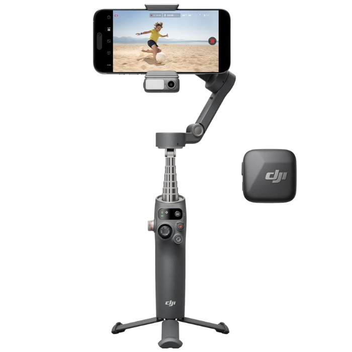 Microphone DJI Osmo Mobile 7 3-axis stabilization-oldable & lightweight design-Bluetooth 5.3-10 h battery life, USB-C charging-Optional multifunctional module-No built-in extension rod-Works with most phones