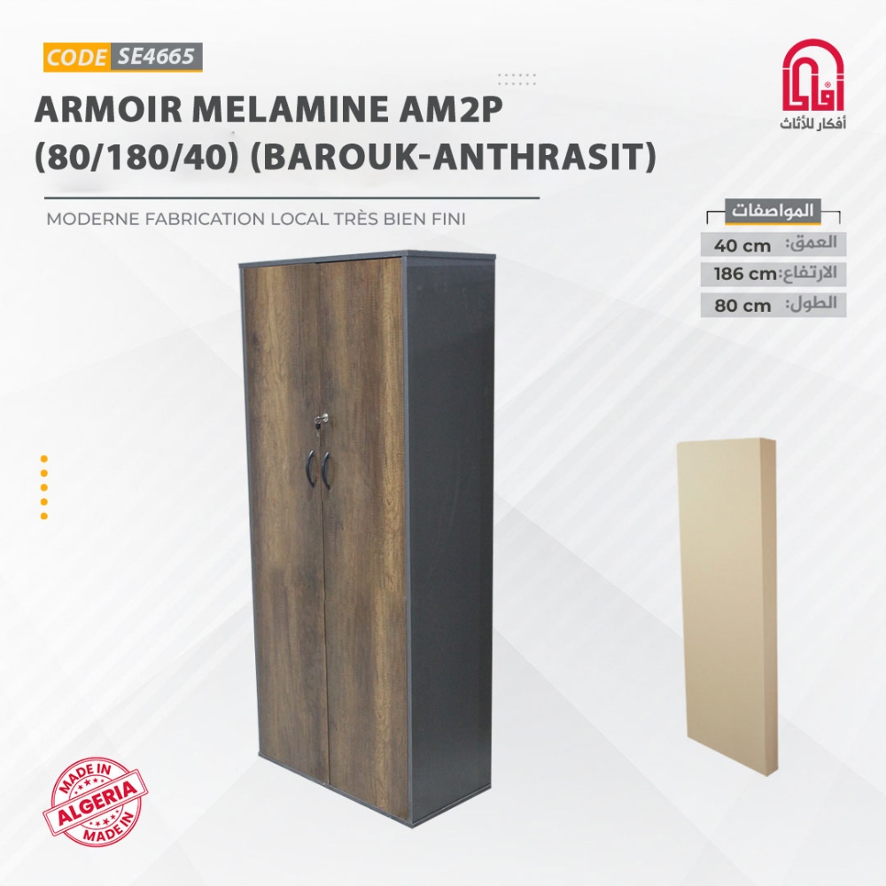 Armoir ML AM2P (L80/H180/P40) Barouk-Gris Fonce