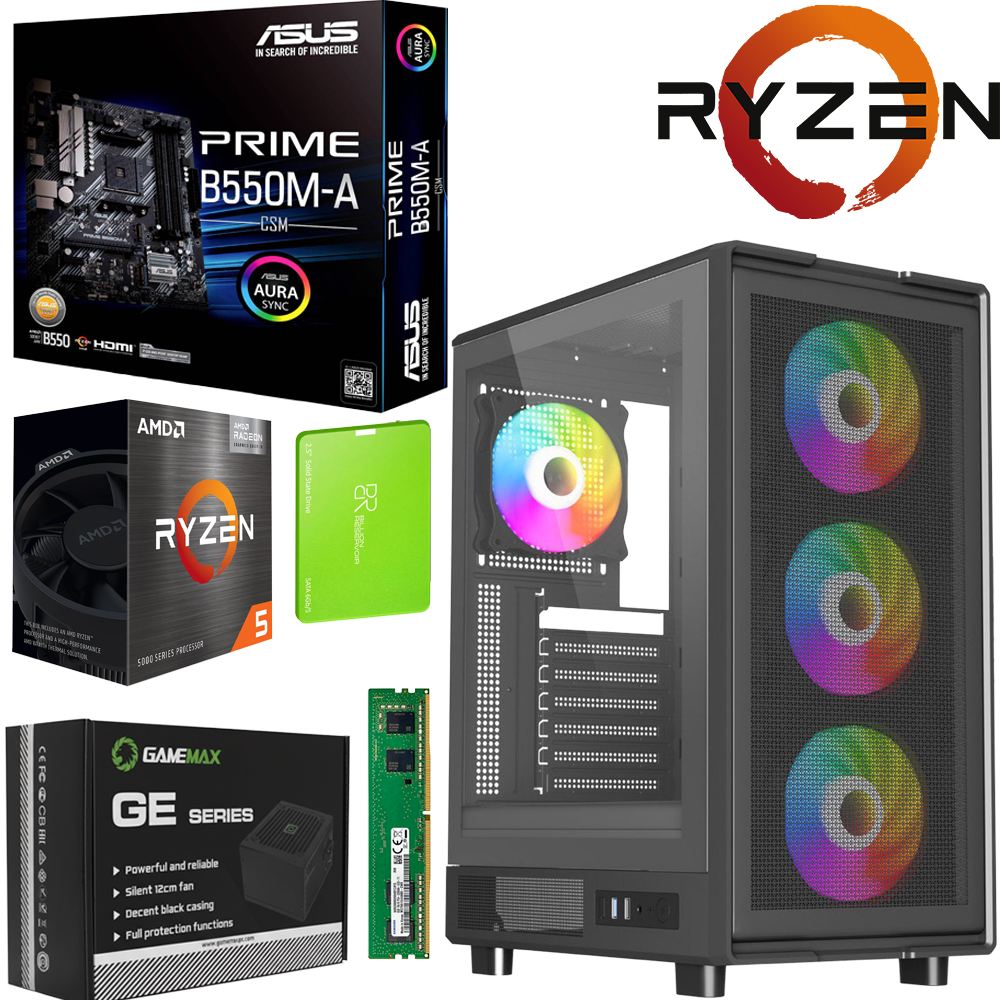 Unite Gamer AMD RZN(5) 5650G/CM ASUS B550M-A /DDR4 8G 3200Mhz/SSD 256GB /PSU 500W/CASE NOX APEX FLOW plus 4Pcs Fan RGB