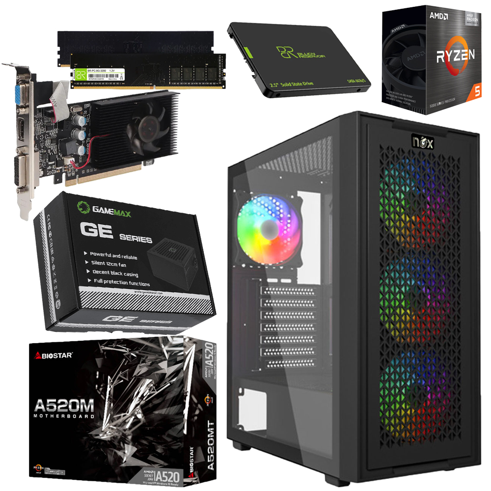 Unite Gamer AMD RZN(5) 5500/CM A520 /DDR4 8G 3200Mhz/SSD 256GB /PSU 550W/ GPU GT610 /CASE NOX NEXUS FULL BLACK plus 4Pcs Fan RGB