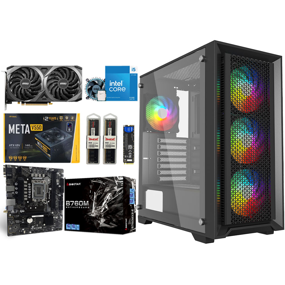 Unite Gamer Intel I5 14400F /CM B760MX2-E /DDR5 16G 3200Mhz 2X8G / SSD 256 GB/Carte Graphique GEFORCE MSI RTX 3050 Ventus 2X 6G OC / PSU 550W / Case NOX SPECTRUM full Black plus 6Pcs Fan 12cm ARGB + Controller 10 sorties