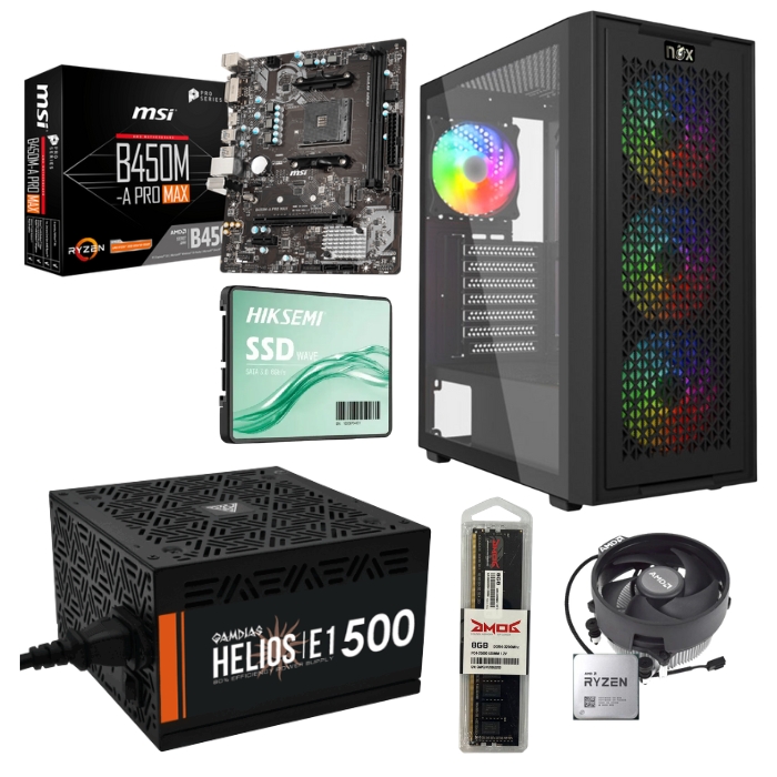 Unite Gamer AMD RZN5 5655G/CM MSI B450M-HDV/DDR4 8G 3200Mhz/SSD 256 GB /PSU 500W/Boitier Gamer NOX NEXUS full Black plus 4Pcs Fans RGB