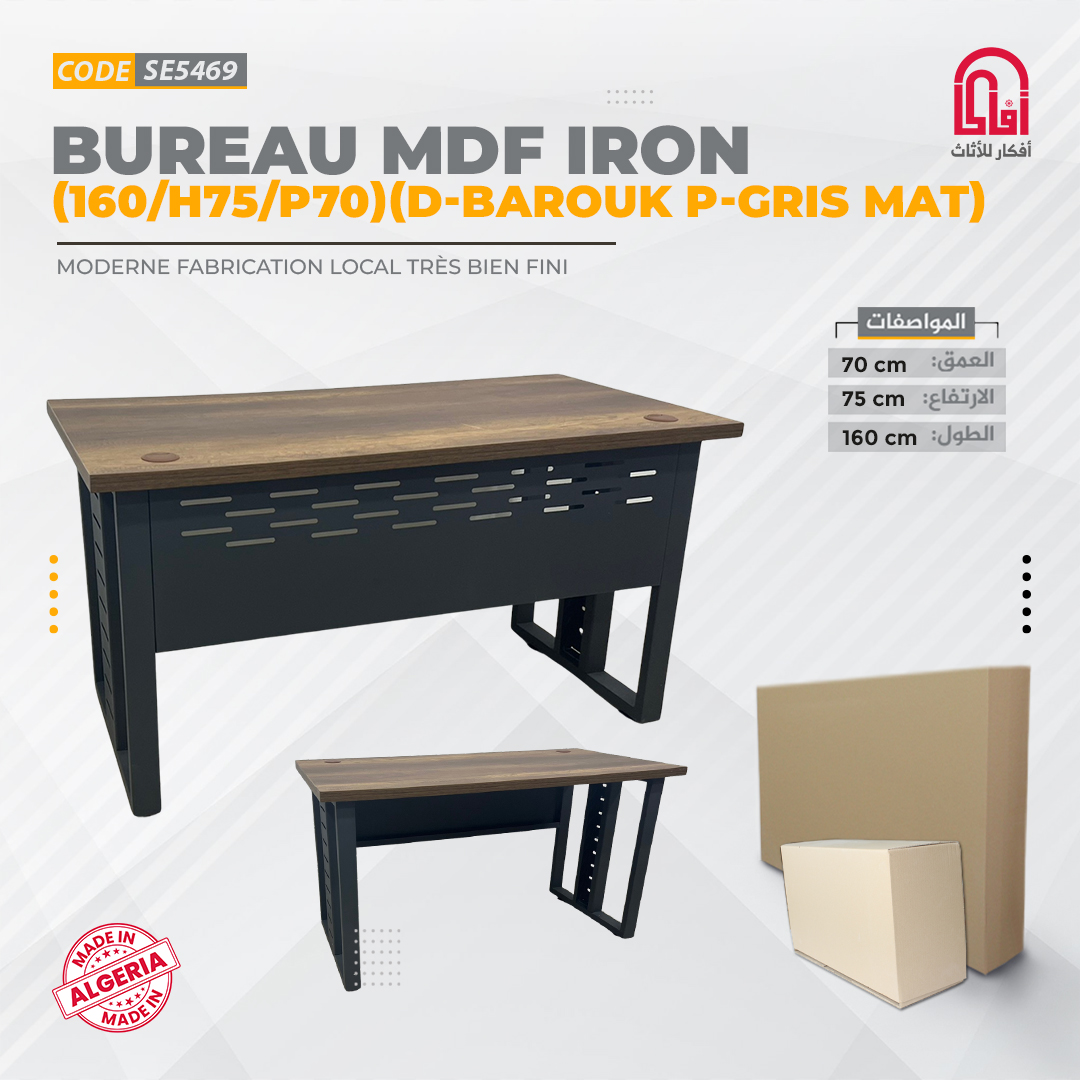 Bureau MDF IRON (L160/H75/P70cm) (D-Barouk P-Gris mat)