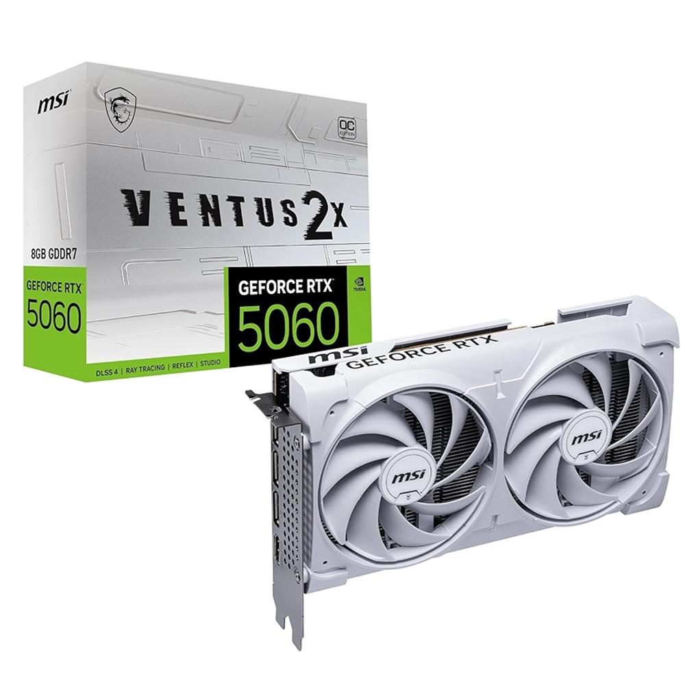 CARTE GRAPHIQUE GeForce RTX™ 5060 8 Go GDDR7 VENTUS 2X OC 3 x DisplayPort (v2.1b) 1x HDMI™ (caractéristiques du HDMI™ 2.1b : jusqu'à 4K 480 Hz ou 8K 120 Hz avec DSC,Gaming VRR, HDR) WHITE