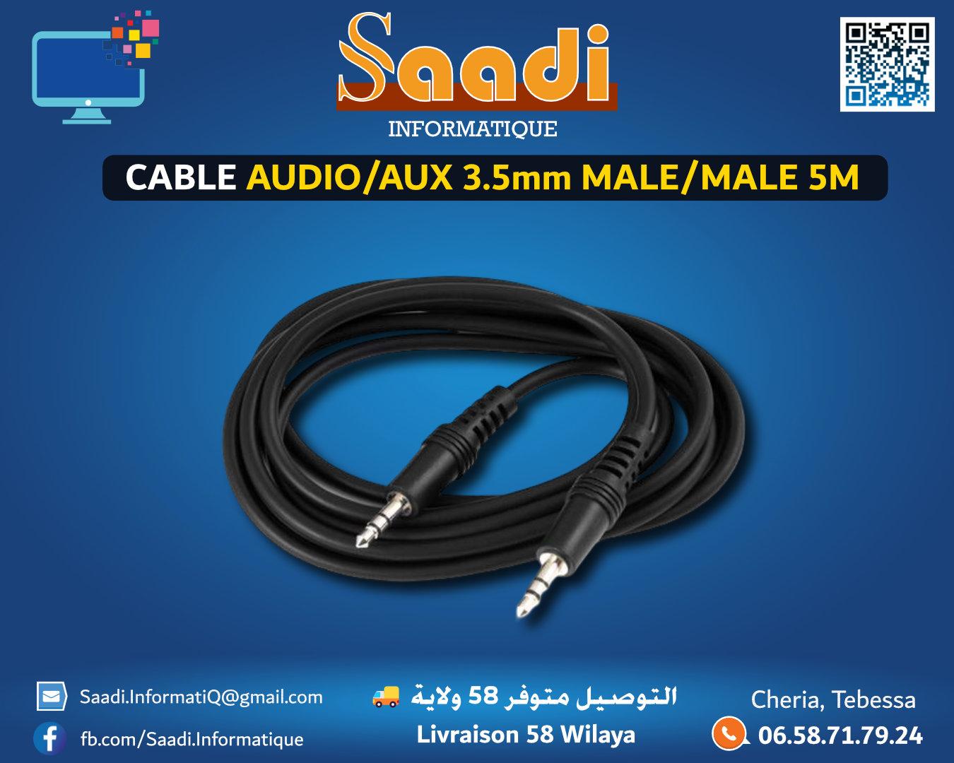 CABLE AUDIO JACK AUXILIAIRE 3.5mm M/M 5M