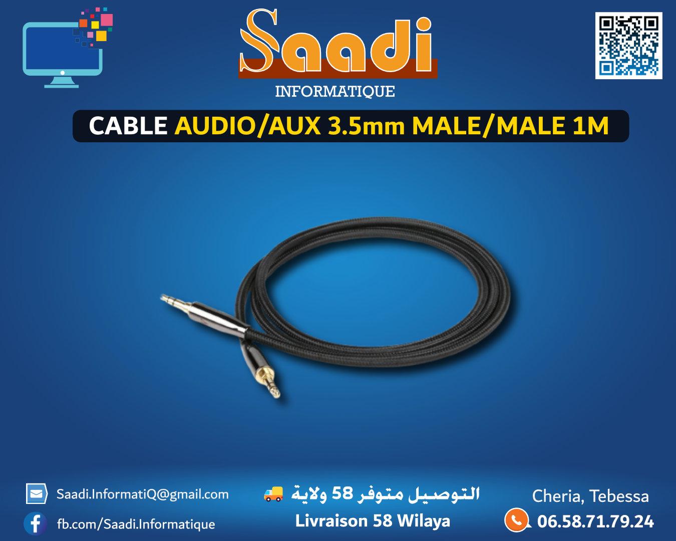 CABLE AUDIO JACK AUXILIAIRE 3.5mm M/M 1M