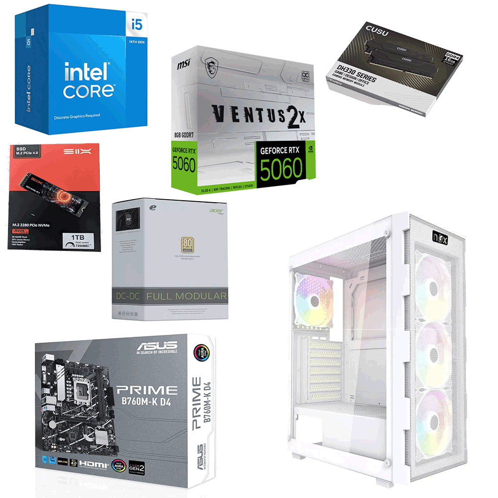 Unite Gamer Intel I5 14400F /CM B760 DDR4 /RAM DDR4 16G x2 3200Mhz/ SSD 1TB NVMe /Carte Graphique RTX 5060 8GB WHITE/ PSU 650W WHITE/ Case NOX Quantum WHITE