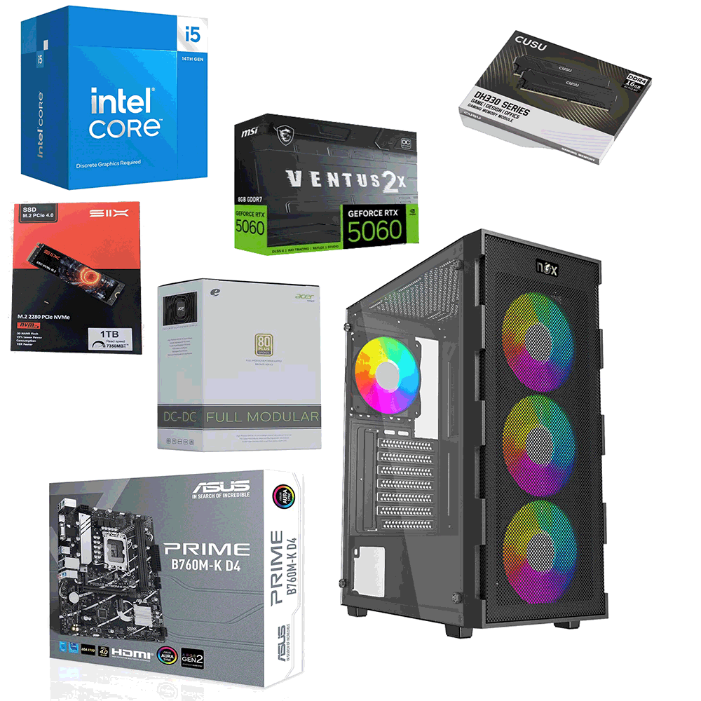 Unite Gamer Intel I5 14400F /CM B760 DDR4 /RAM DDR4 16G x2 3200Mhz/ SSD 1TB NVMe /Carte Graphique RTX 5060 8GB BLACK/ PSU 650W BLACK/ Case NOX Quantum BLACK