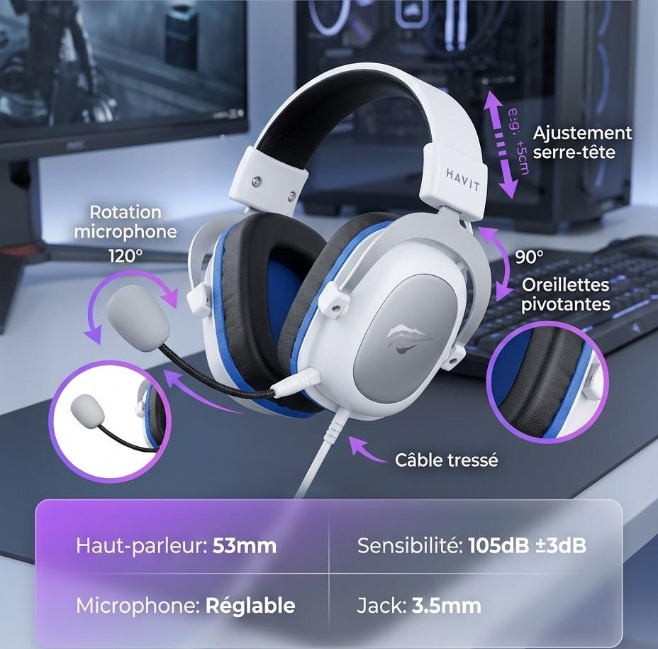CASQUE GAMER GAMENOTE HAVIT H2002D WHITE